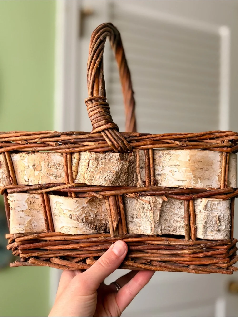 Vintage Handmade Woven Rustic Birch & Wicker Handled Basket - Brown